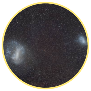 Image is an artist's impression of the large and small Magellanic Clouds, they appear as two fuzzy galaxies