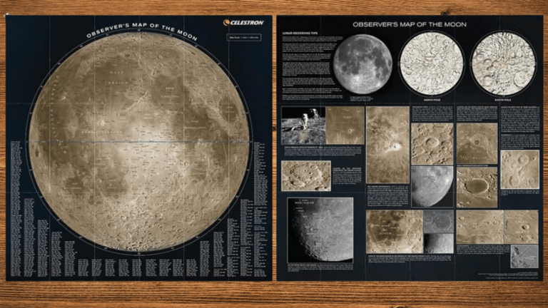 Image shows reverse sides of the Celestron Observer’s Map of The Moon, depicting the Moon and notable features.