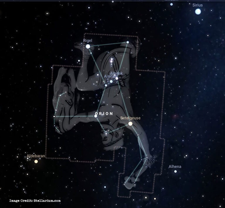 An astronomy image of the Orion constellation, with an illustration of the hunter overlaid on the stars