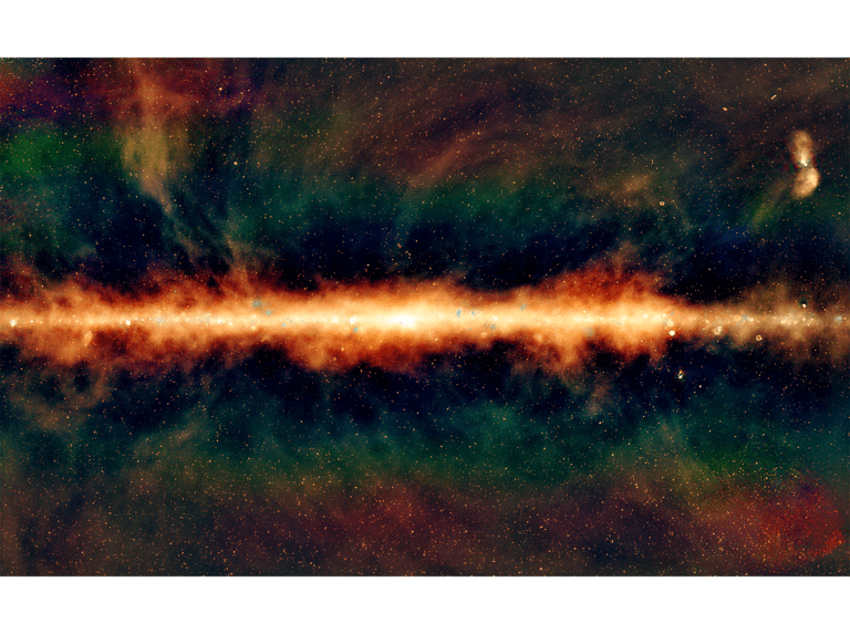A wide shot of the Milky Way galaxy, with vibrant colours and swirling patterns. In the centre an extremely long red, orange, and green band of what looks like fire stretches across the sky like a thin ribbon. The background shows what look like stars in various sizes scattered throughout the space.