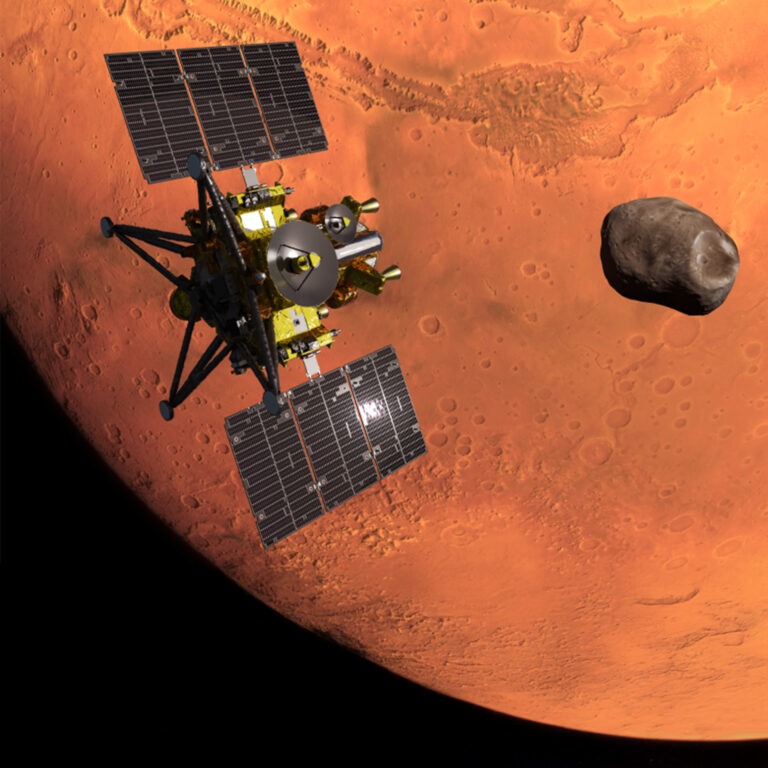 A spacecraft in orbit around Mars, approaching a Martain moon, with the red planet below it.