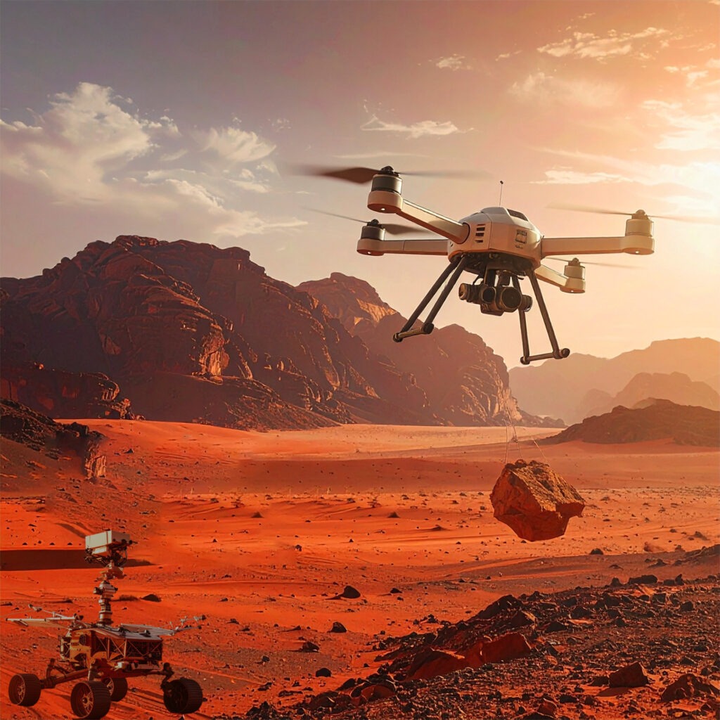 An artist's impression of a drone flying over the red desert of Mars, with rocks and mountains in the background. A rover is also visible on the solid ground near it. The sky has orange tones.