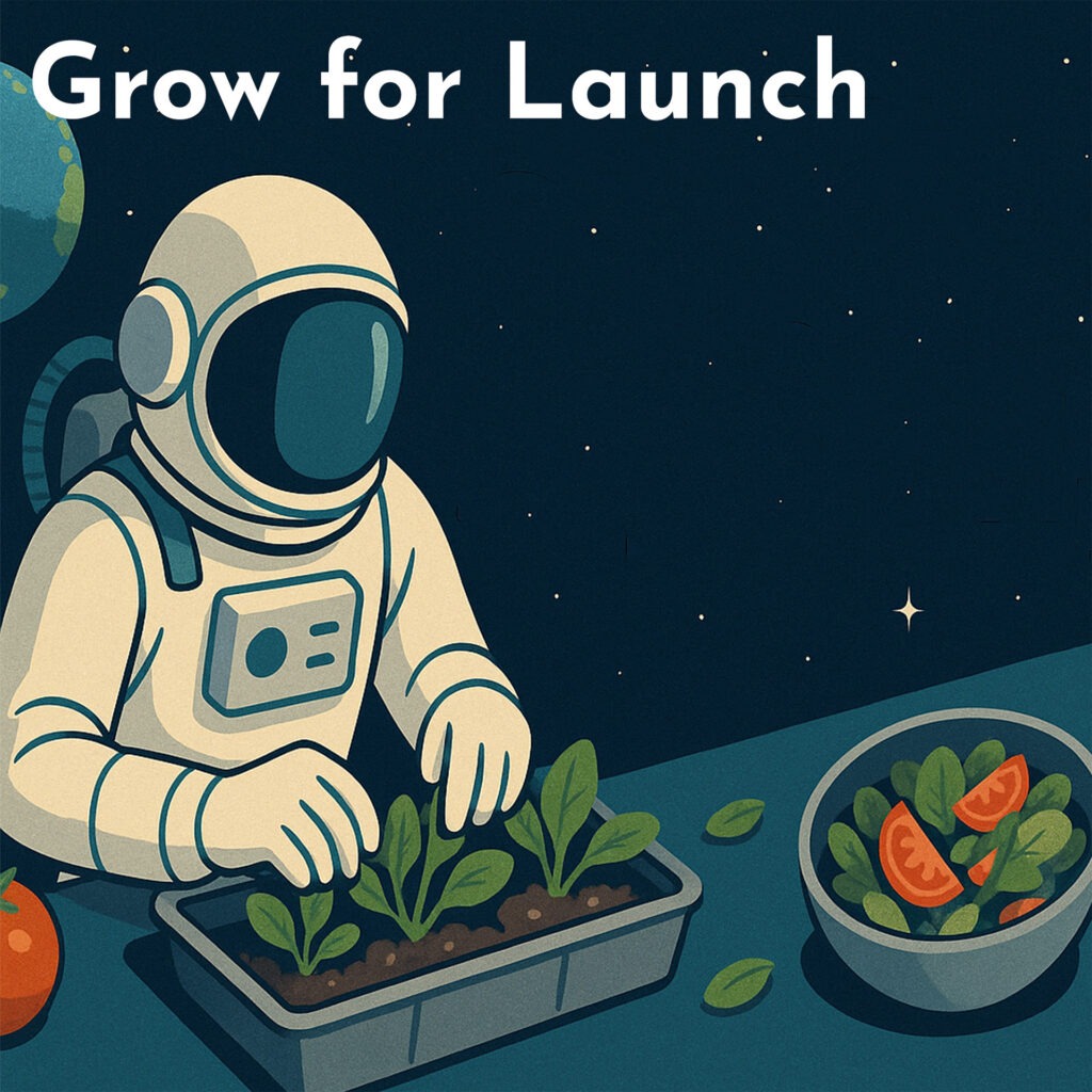 Image shows an astronaut growing vegetables in space, next to the text "Grow for Launch". The background is a dark blue sky with stars, and there's also a bowl of salad on one side.