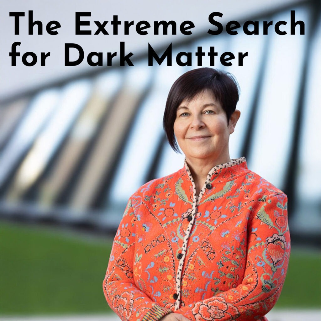 Professor Elisabetta Barberio has short dark hair and is wearing an orange patterned jacket. Above her head is the text "Public Talk: The Extreme Search for Dark Matter".