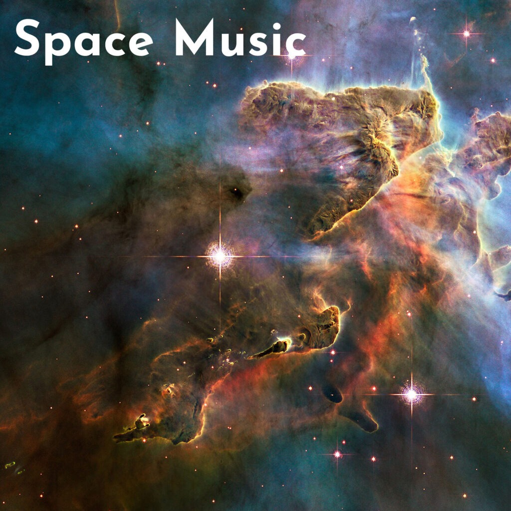 The Carine nebula appears as an abstract and intricate shape reminiscent of rock formations. The light is soft yet intense, creating an atmosphere filled with vibrant colors like blue-green, orange, purple, reds, and hints of yellow, with stars twinkling around it. A title reads 'Space Music'.
