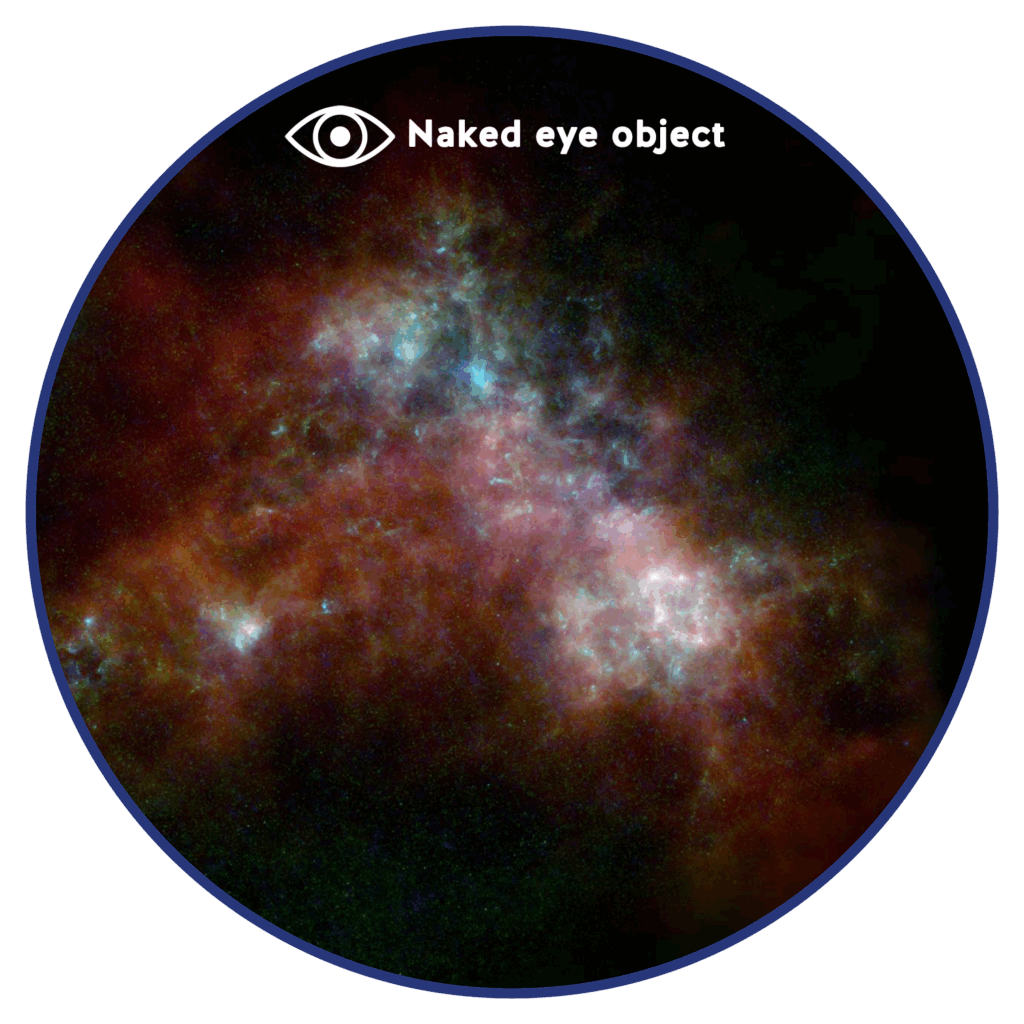 The Small Magellanic Cloud. In the image, red indicates hydrogen gas; green indicates cold dust; and warmer dust is shown in blue.