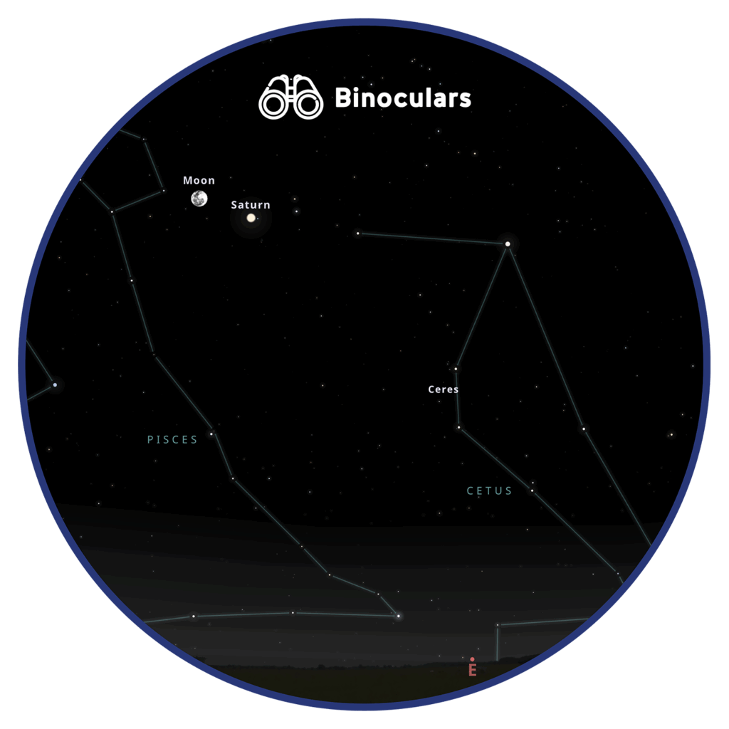 A screenshot from Stellarium showing the Moon and Saturn in the night sky on 8 September