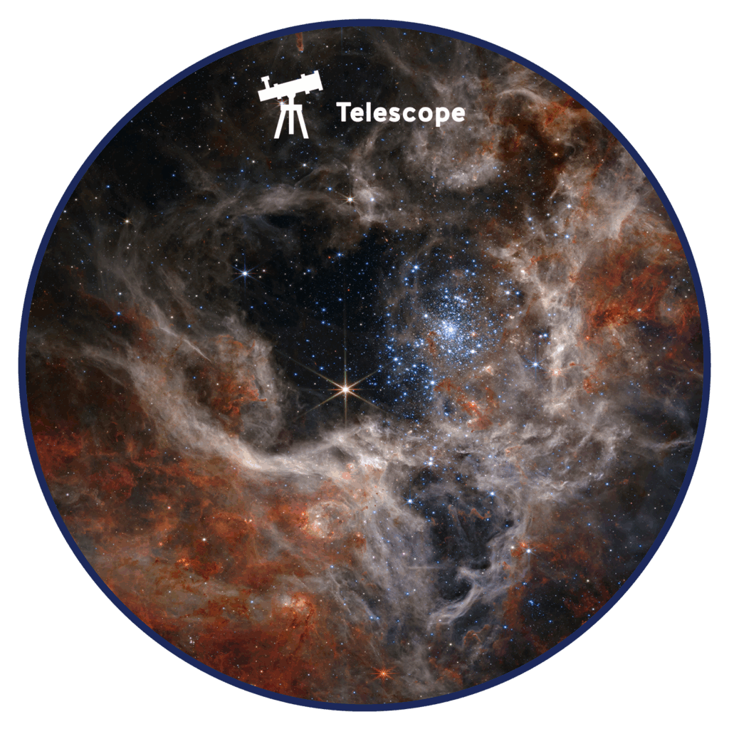 A detailed photograph of the Tarantula Nebula, showcasing its intricate patterns and vibrant colors. The image shows details like dust clouds, star clusters, gas streams, and swirling gas and particles. A clear view of distant stars illuminating the cloud's edges against an expanse of dark cosmic background.