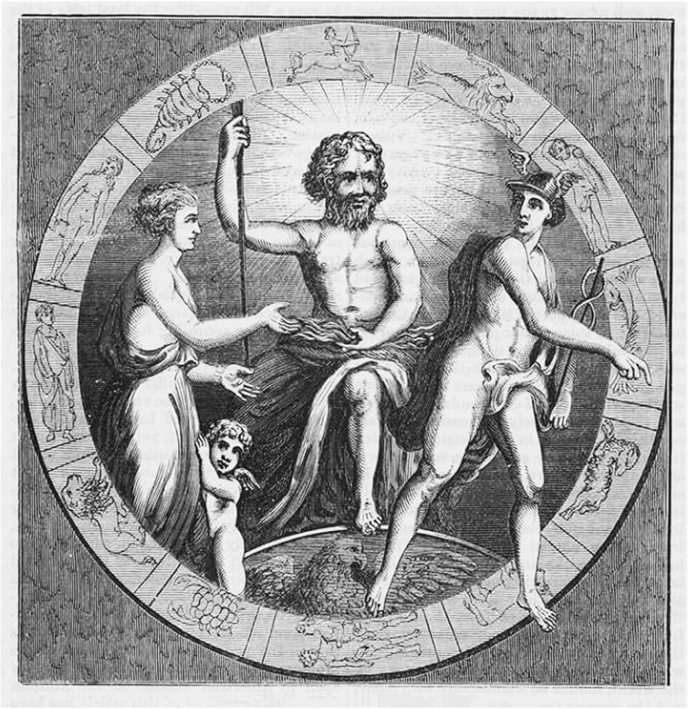 "The protest of Jupiter, Venus, and Mercury", a historical 1872 wood engraving illustration by the New York Public Library