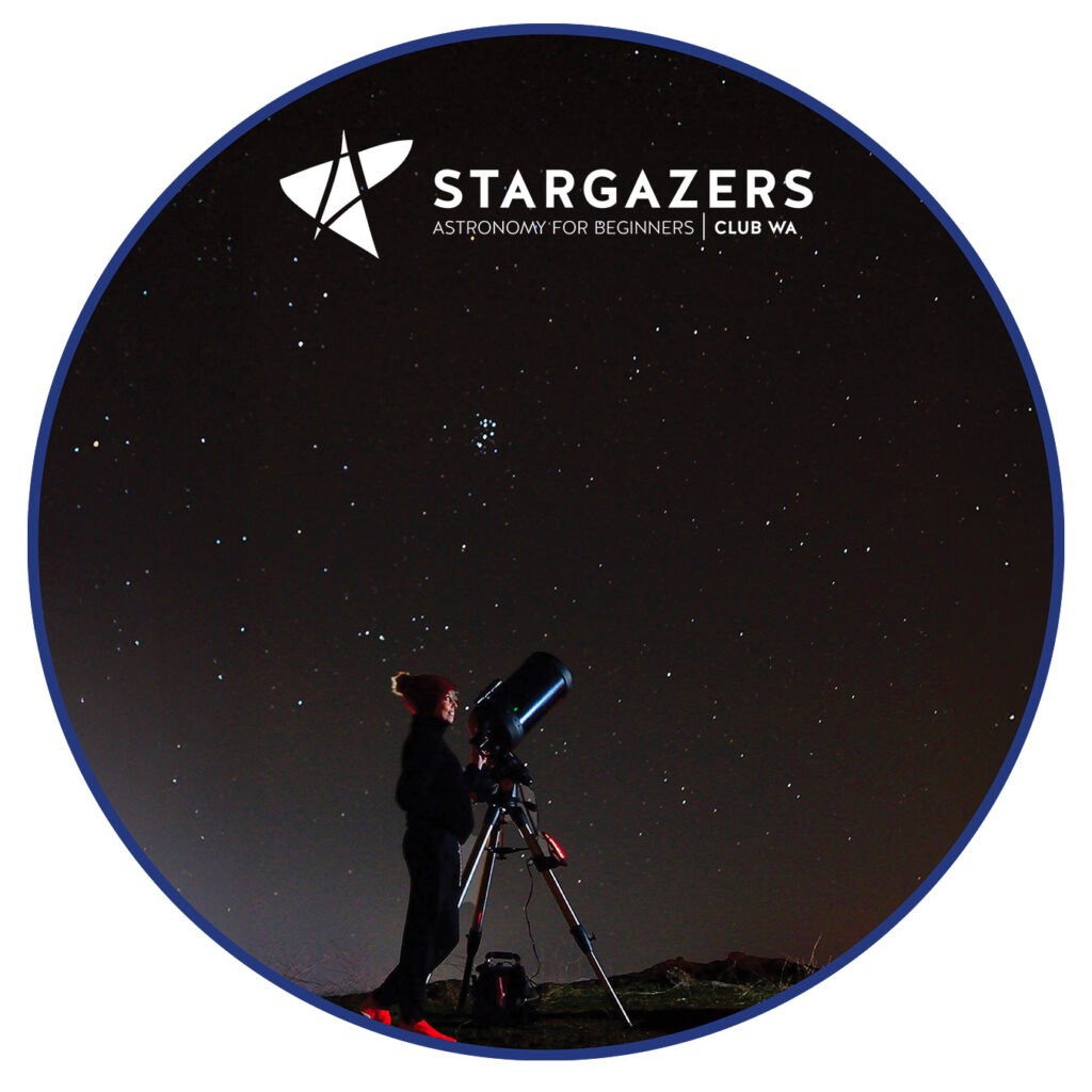 A woman stands underneath a starry night sky with a telescope.