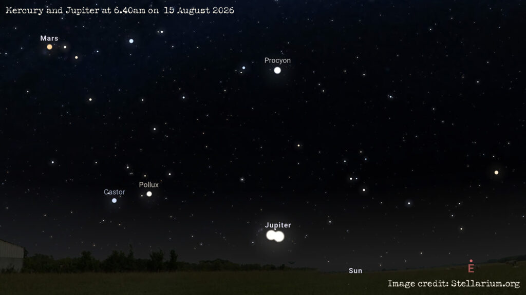 A Stellarium screenshot showing A close approach of Jupiter and Mercury in the pre-dawn sky on the morning of 15 August.