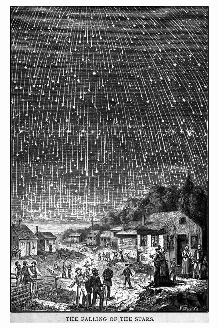 Engraved woodcut showing tens of thousands of meteors filling the sky.