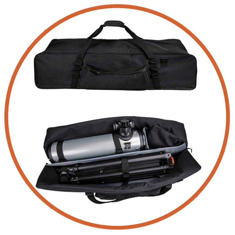 Image shows a soft telescope case, once closed and once open showing a telescope and tripod