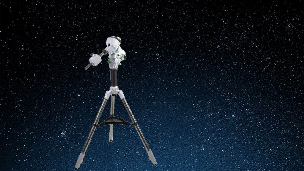 Skywatcher Star Adventurer GTI Tripod Kit with Extension Tube is pictured against a dark blue starry sky