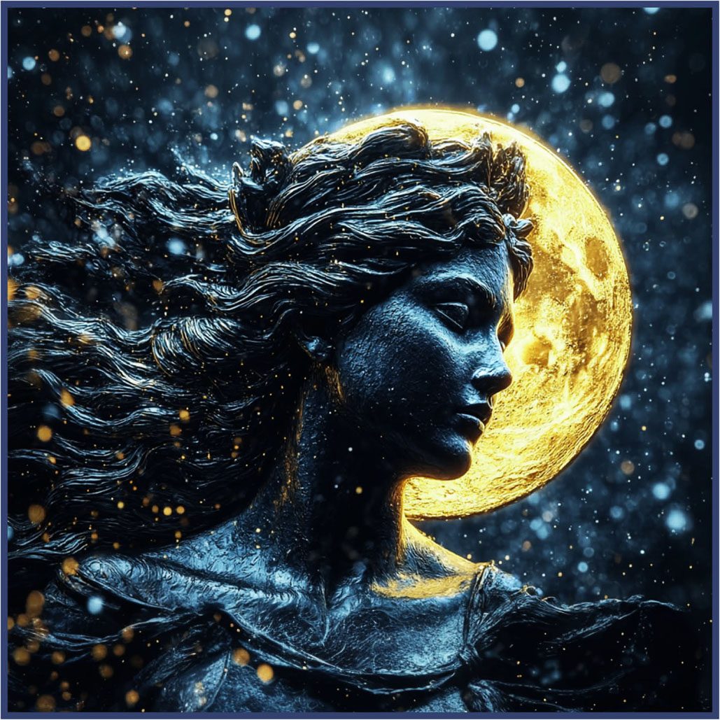 Moon facts #3: A close-up of an ancient Greek statue of a goddess in dark blue with gold accents,