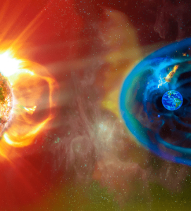 An artist's impression of blasts of electromagnetic radiation and charged particles from the sun impacting Earth's magnetosphere.